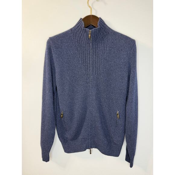 Corneliani Men's Wool Cashmere Ribbed High Neck Full Zip Sweater Blue Sz 48 /M - Picture 2 of 12